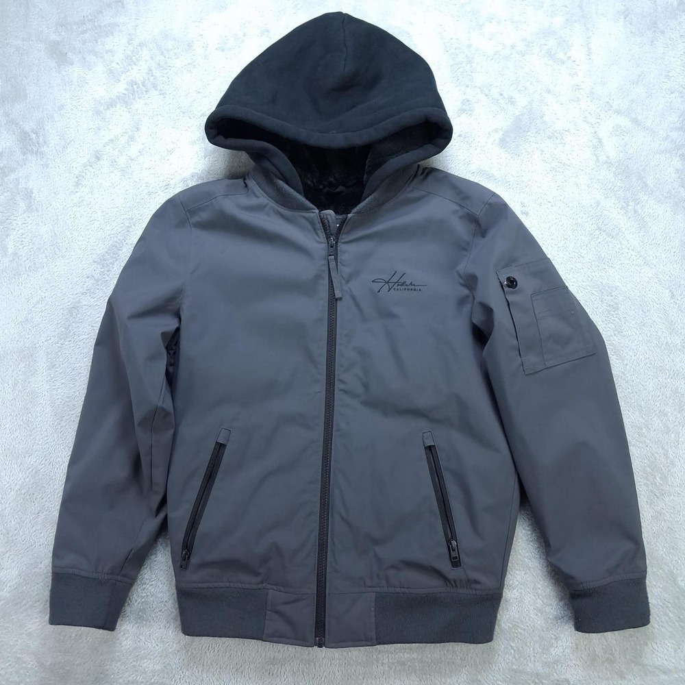 Hollister Mens XS Gray Hooded Bomber Jacket Faux Fur Lined Full Zip Streetwear